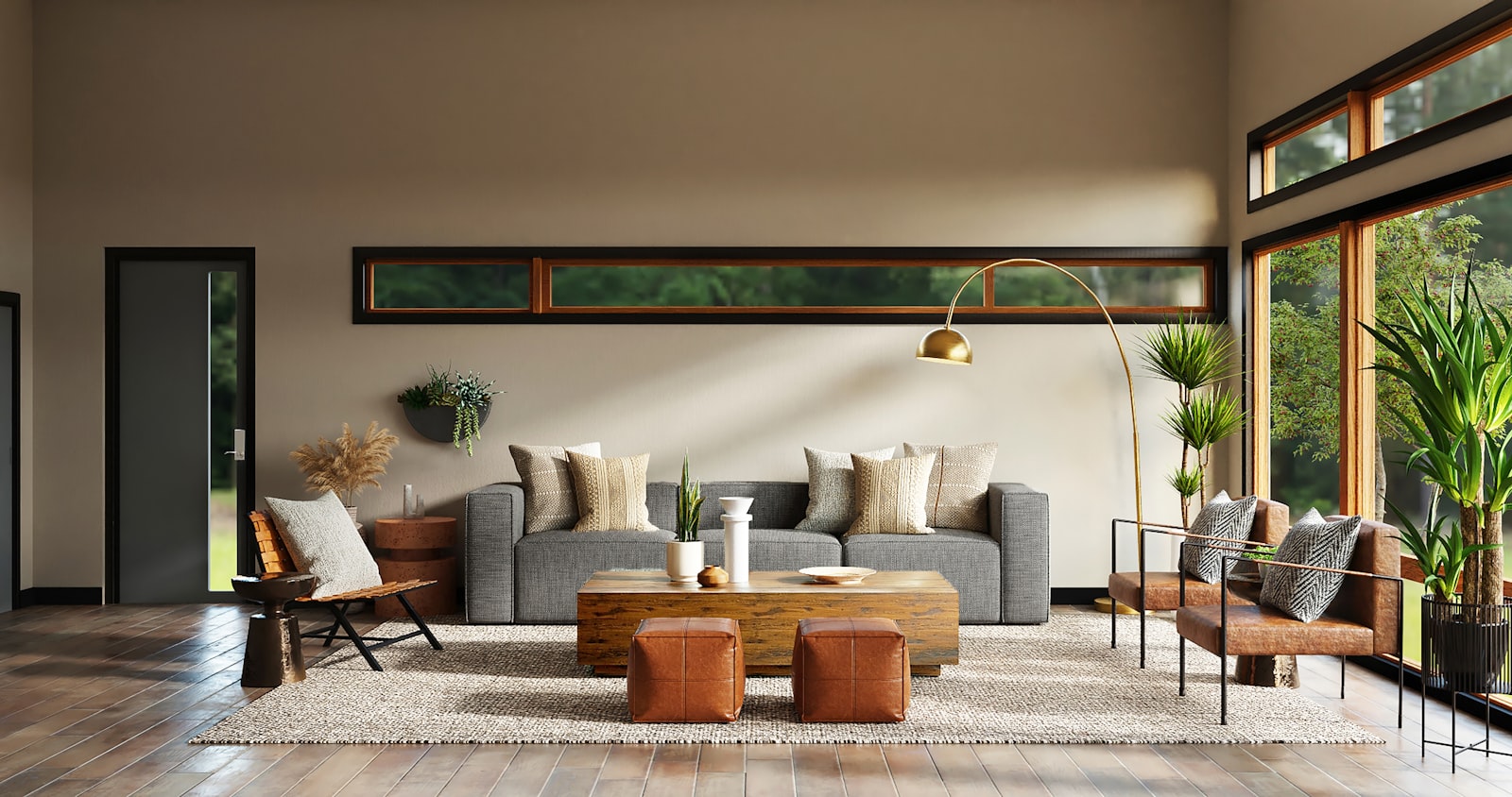 Warm modern living room with brass floor lamp