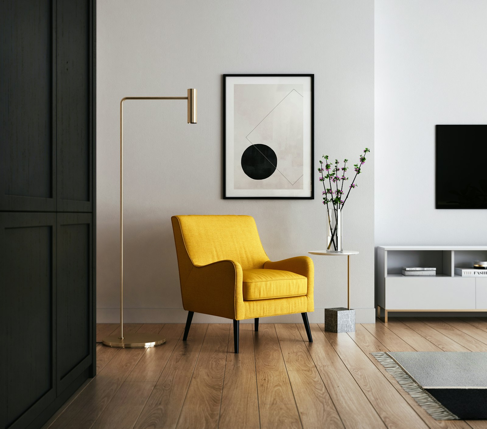 Reading corner with a mustard armchair and brass lamp