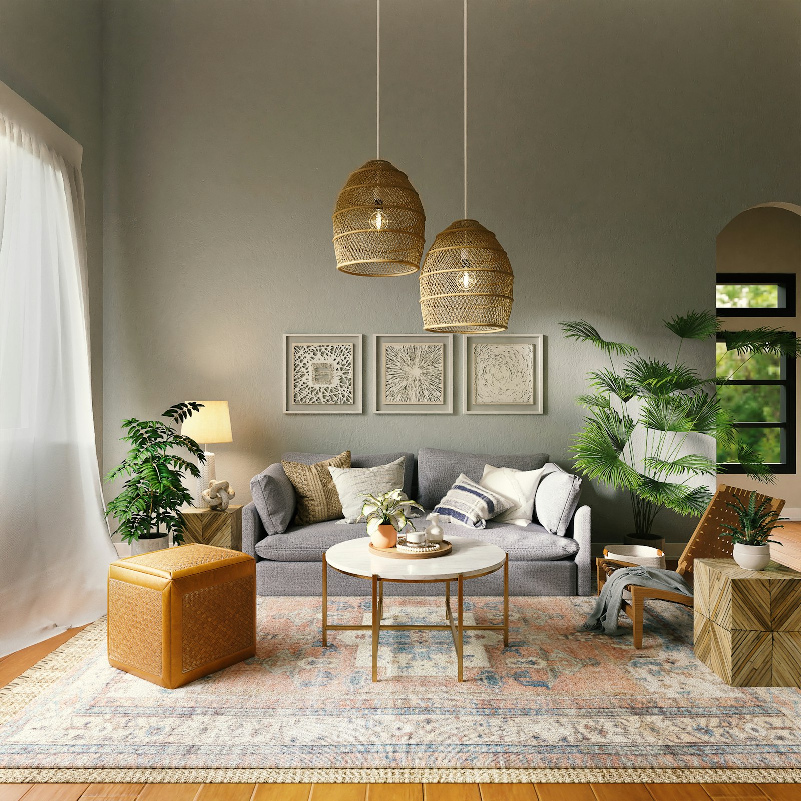 Moody living room with woven pendant lights